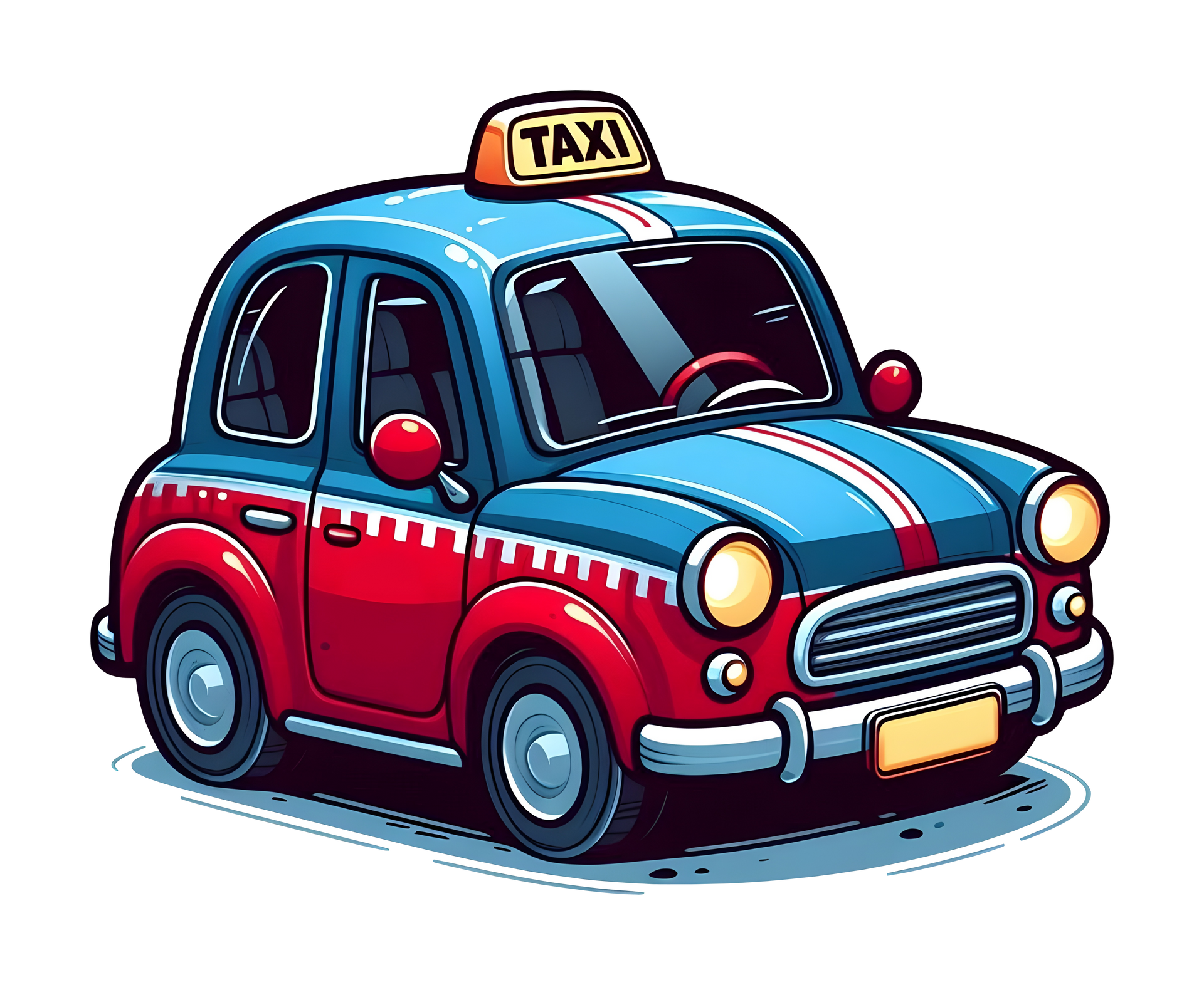 Un taxi rouge et bleu.