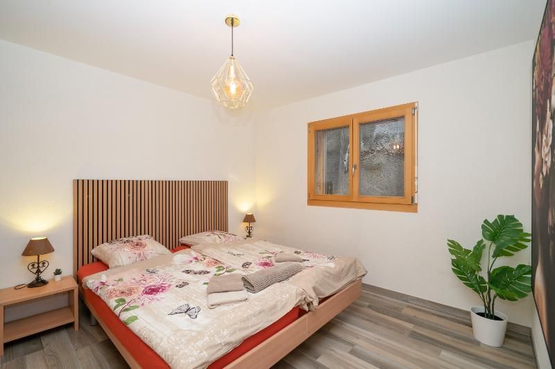 Une chambre avec deux lits, une fenêtre et une plante.