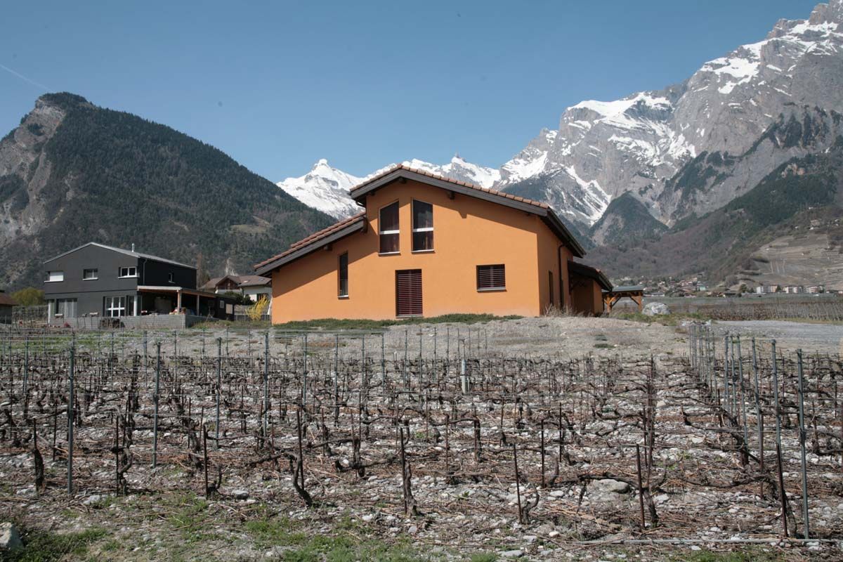 Une maison dans un champ avec des montagnes en arrière-plan