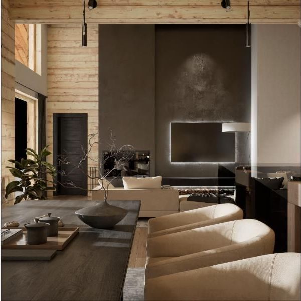 Un salon avec un canapé, des chaises, une télévision et une cheminée.