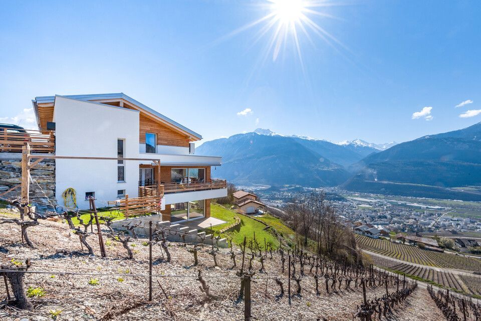 Une maison est assise au sommet d'une colline à côté d'un vignoble avec des montagnes en arrière-plan.