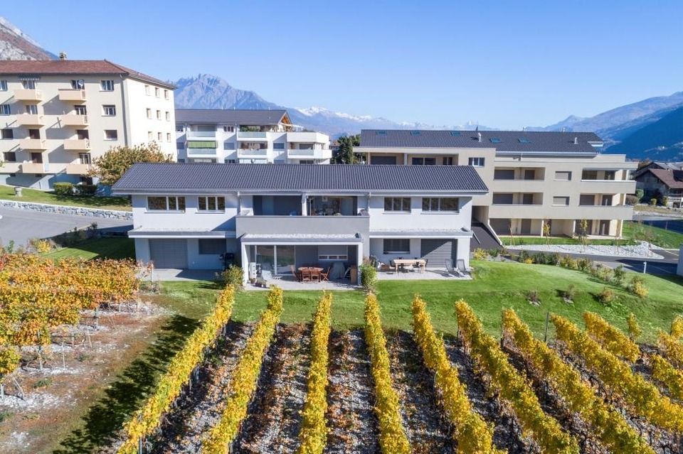 Une vue aérienne d'une maison au milieu d'un vignoble.