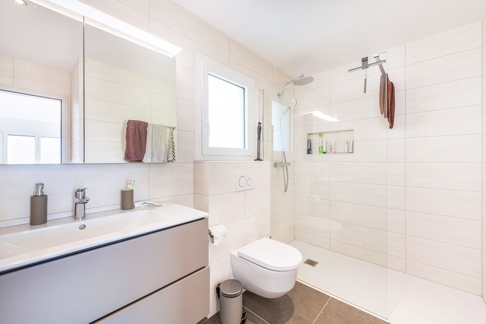Une salle de bain avec WC, lavabo, miroir et douche à l'italienne.