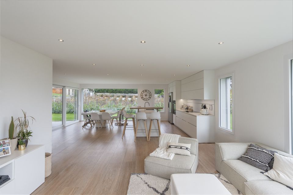 Un salon avec un canapé, une chaise, une table et une cuisine.