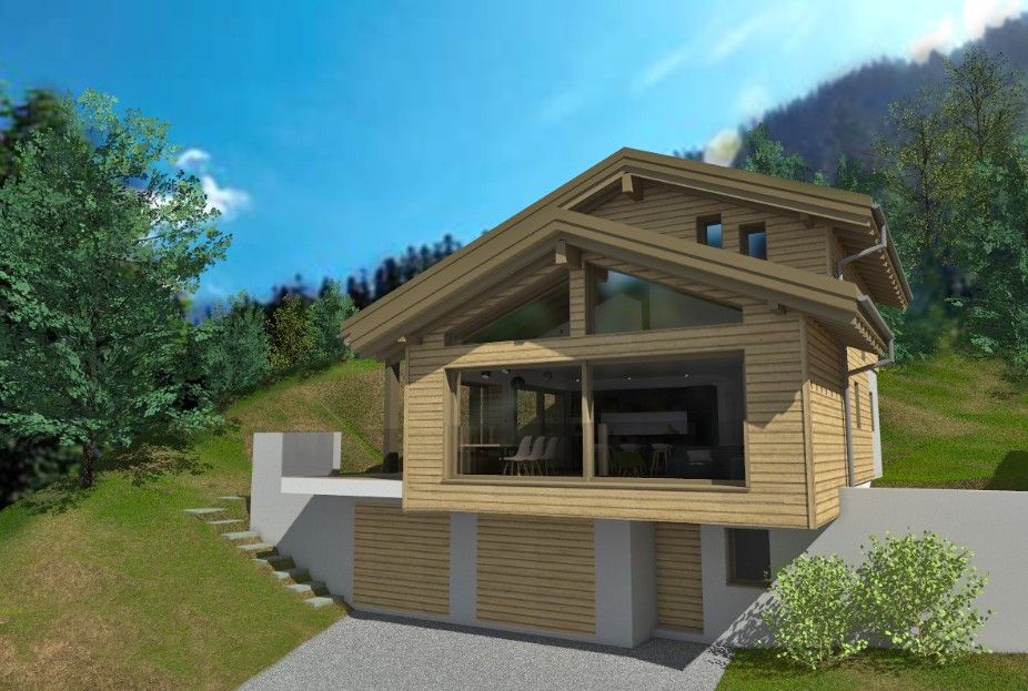 Chalet en bois aux grandes fenêtres, nichée à flanc de montagne, entourée d'arbres et d'un ciel bleu.