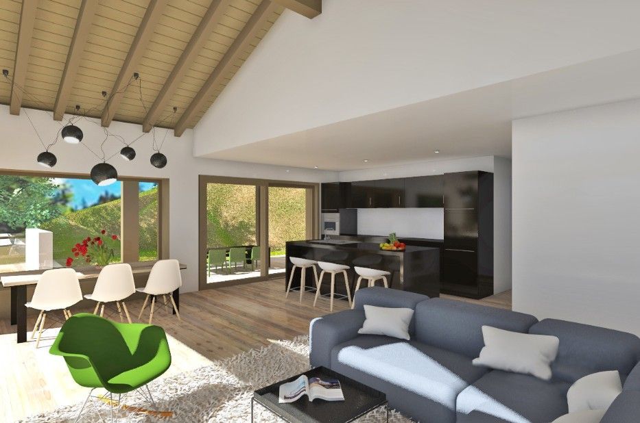 Salon et cuisine modernes. Canapé gris, chaises blanches, placards de cuisine noirs et grandes fenêtres.