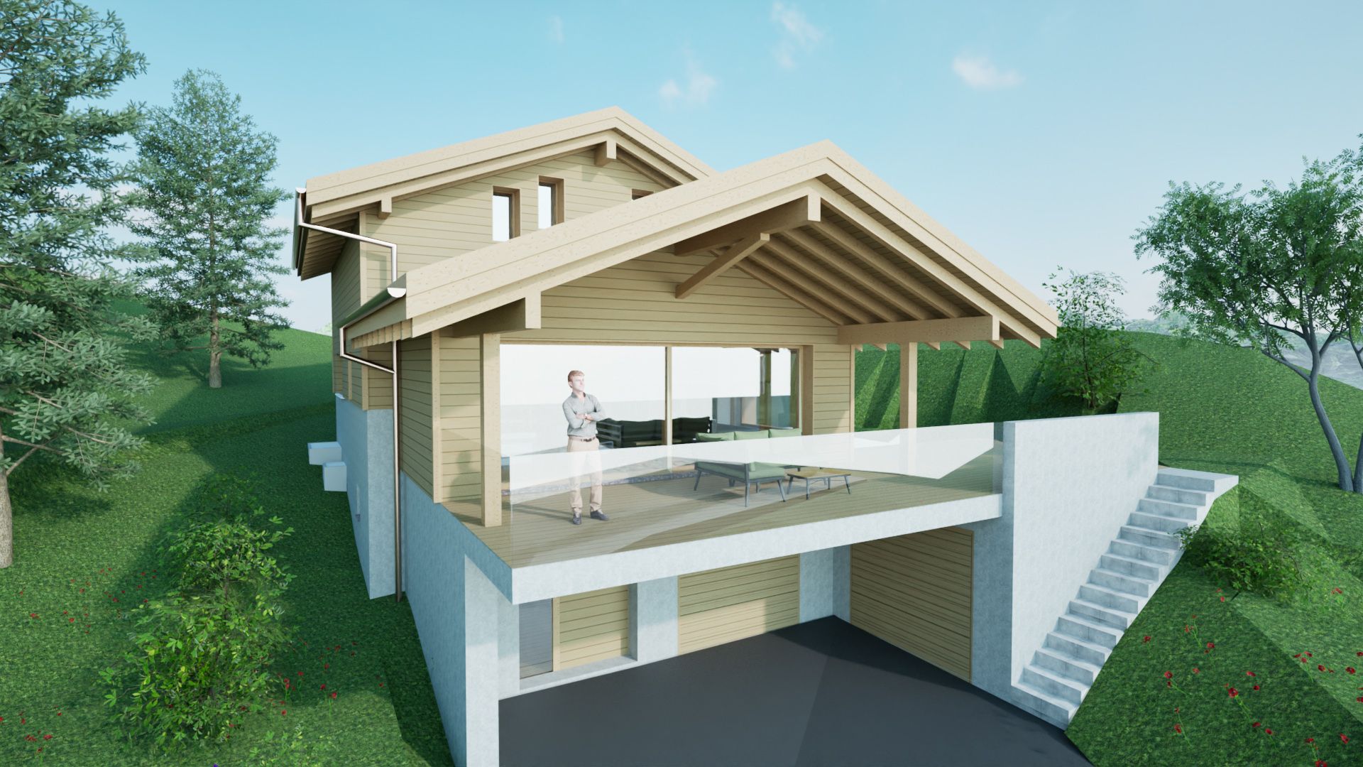 Chalet en bois avec balcon et garage, situé à flanc de colline.