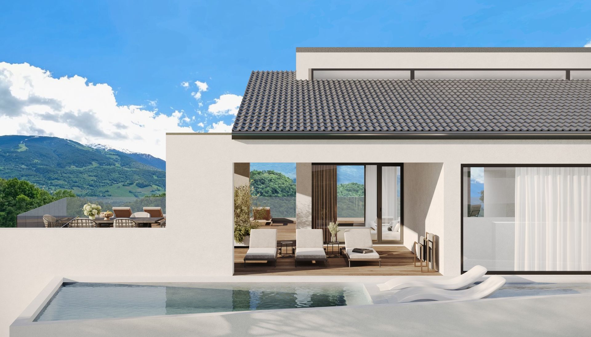 Maison moderne blanche avec piscine et vue sur la montagne. Terrasse et portes vitrées.