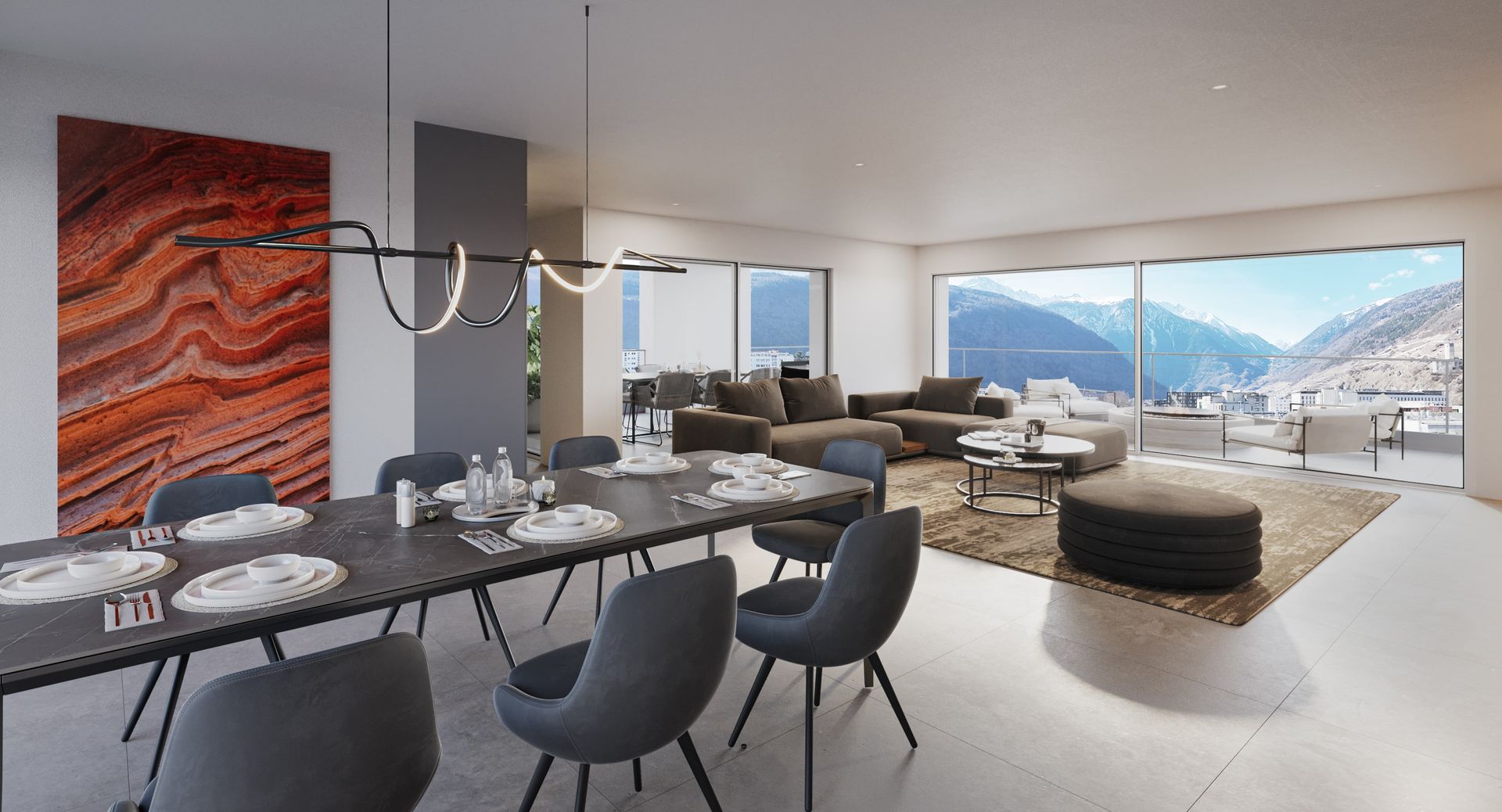 Espace salle à manger et salon moderne avec vue sur la montagne. Table et chaises de salle à manger foncées.