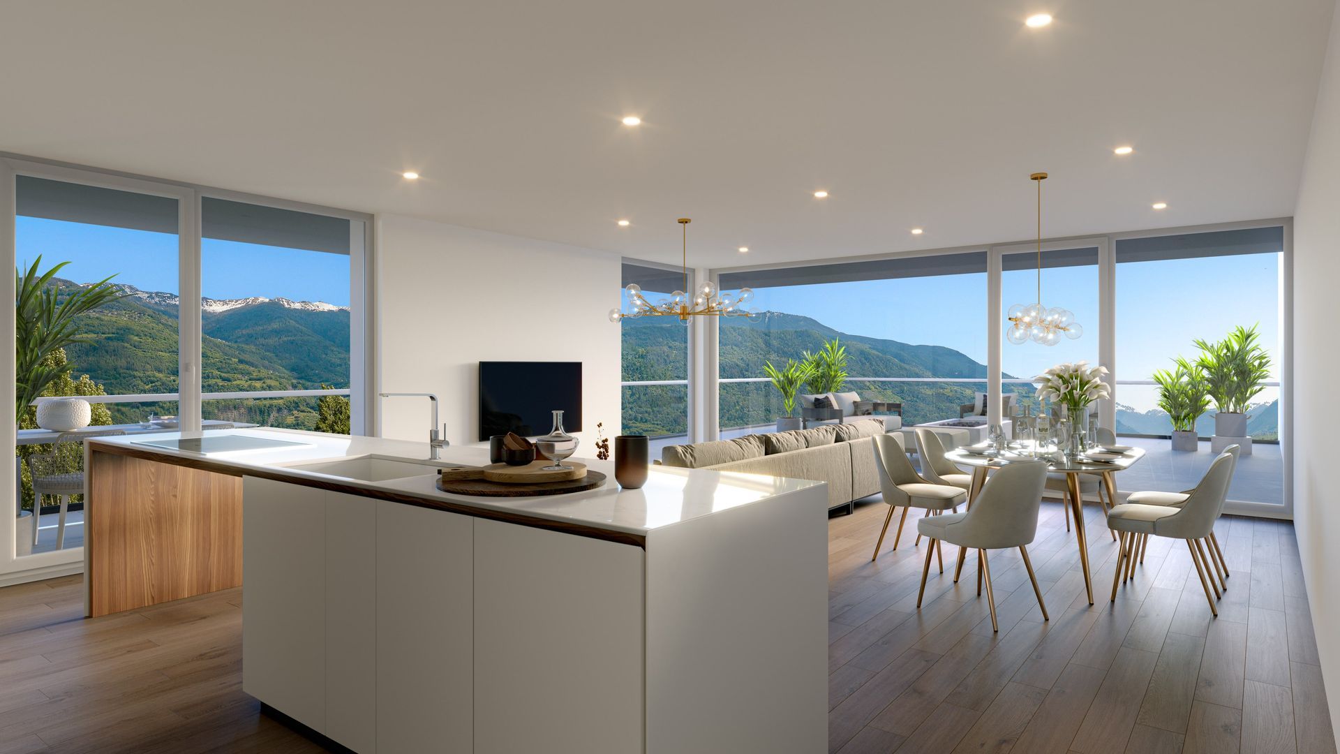 Cuisine et salle à manger modernes avec vue sur la montagne. Armoires blanches, éléments en bois et mobilier contemporain.