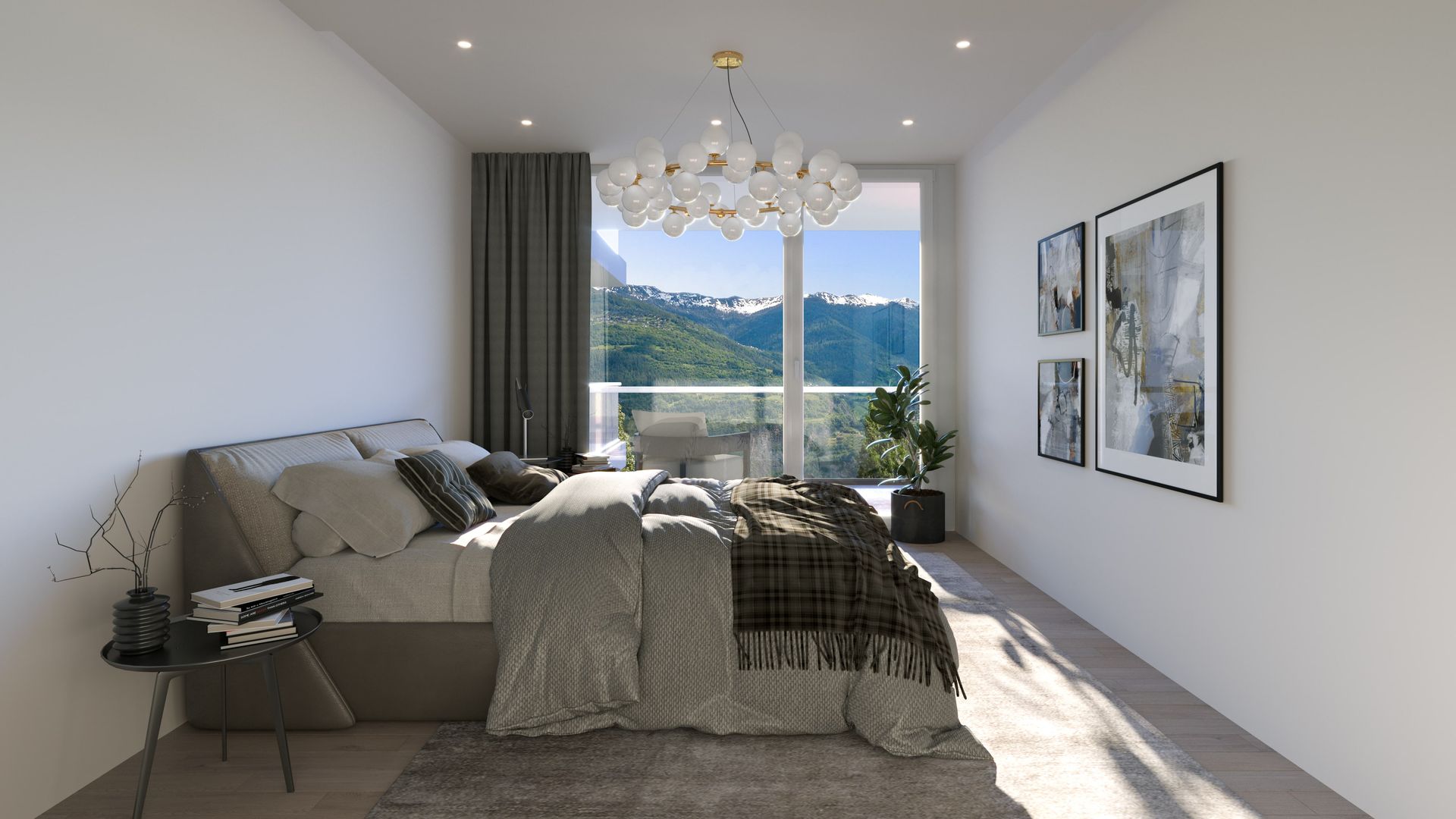 Chambre avec lit, vue sur balcon, œuvres d'art et lustre.