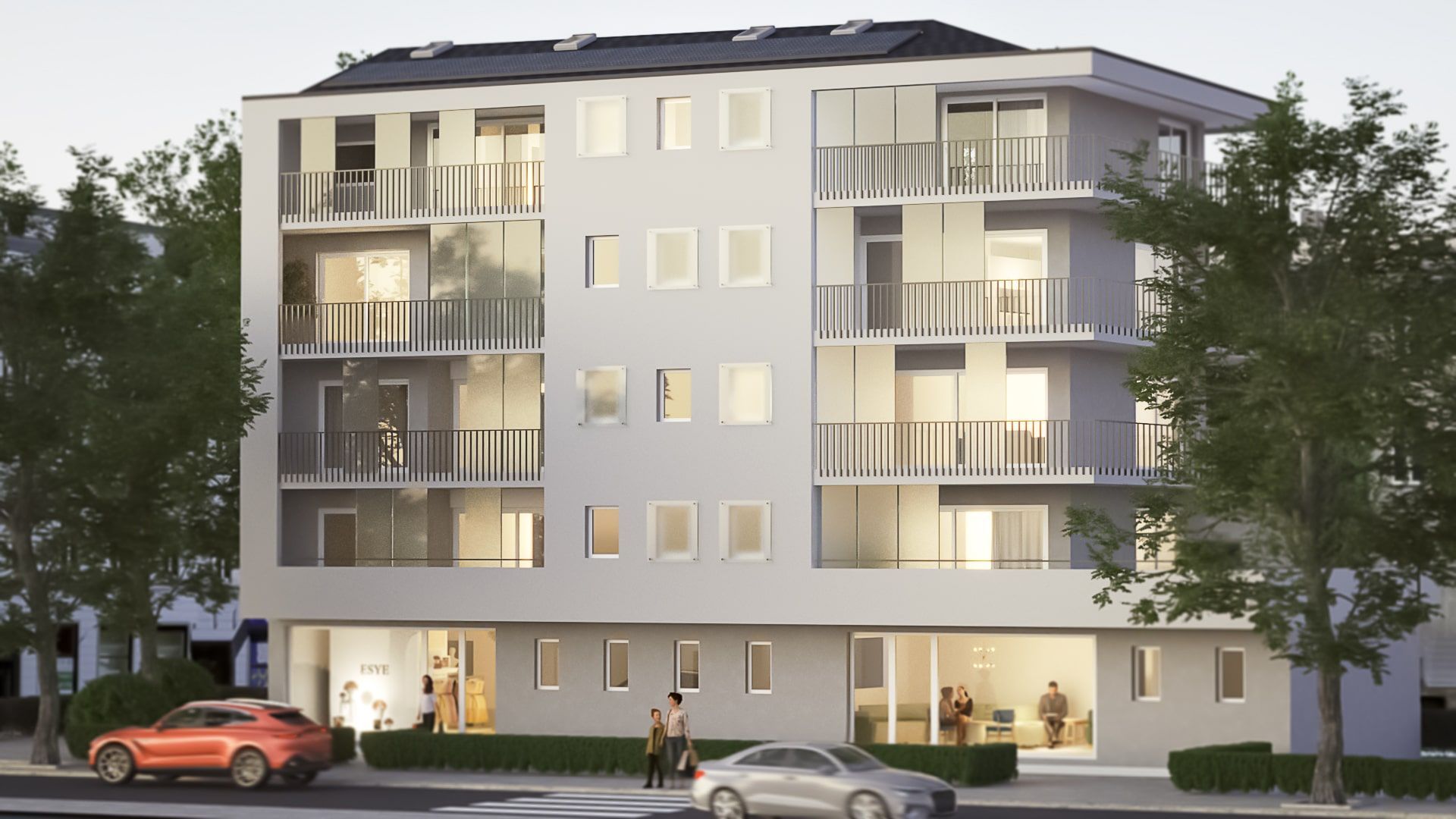 Immeuble d'appartements moderne à plusieurs étages avec balcons, habitants et voitures.