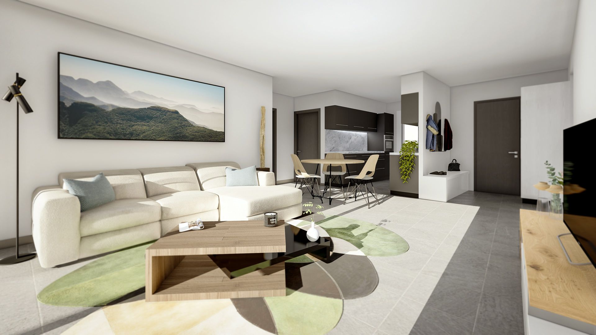 Salon moderne avec canapé blanc, table basse en bois et tapis. Cuisine et salle à manger visibles en arrière-plan.