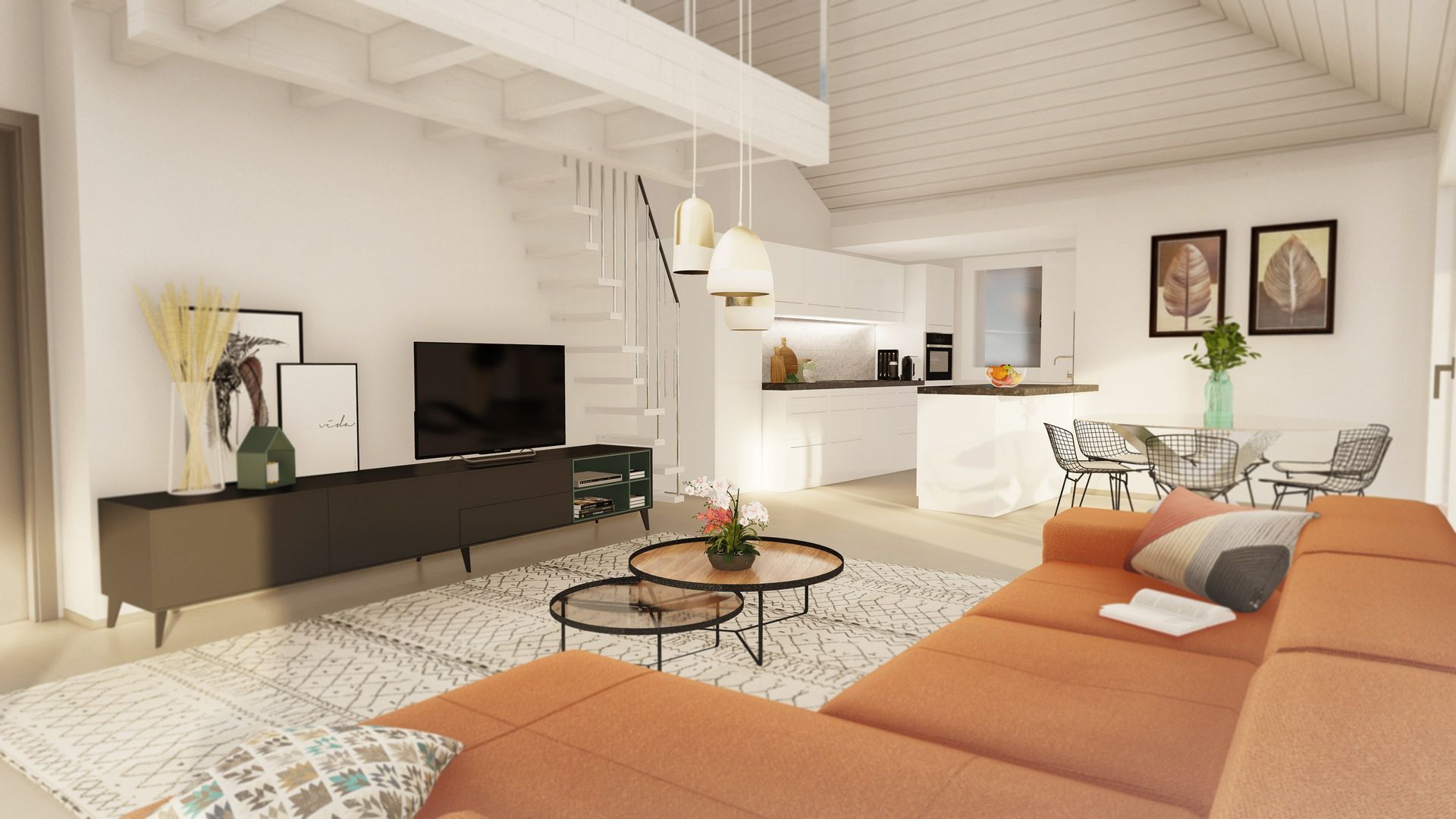 Salon moderne avec canapé orange, escalier menant à une mezzanine, cuisine et coin repas.