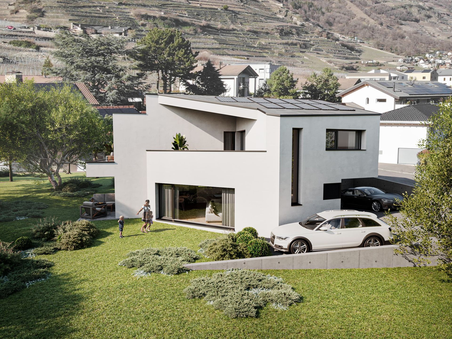 Maison blanche moderne avec jardin, voitures garées devant, montagne en arrière-plan.