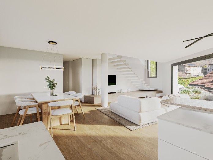 Espace de vie moderne à aire ouverte avec table à manger, canapé blanc, escalier et grande fenêtre donnant sur une colline.