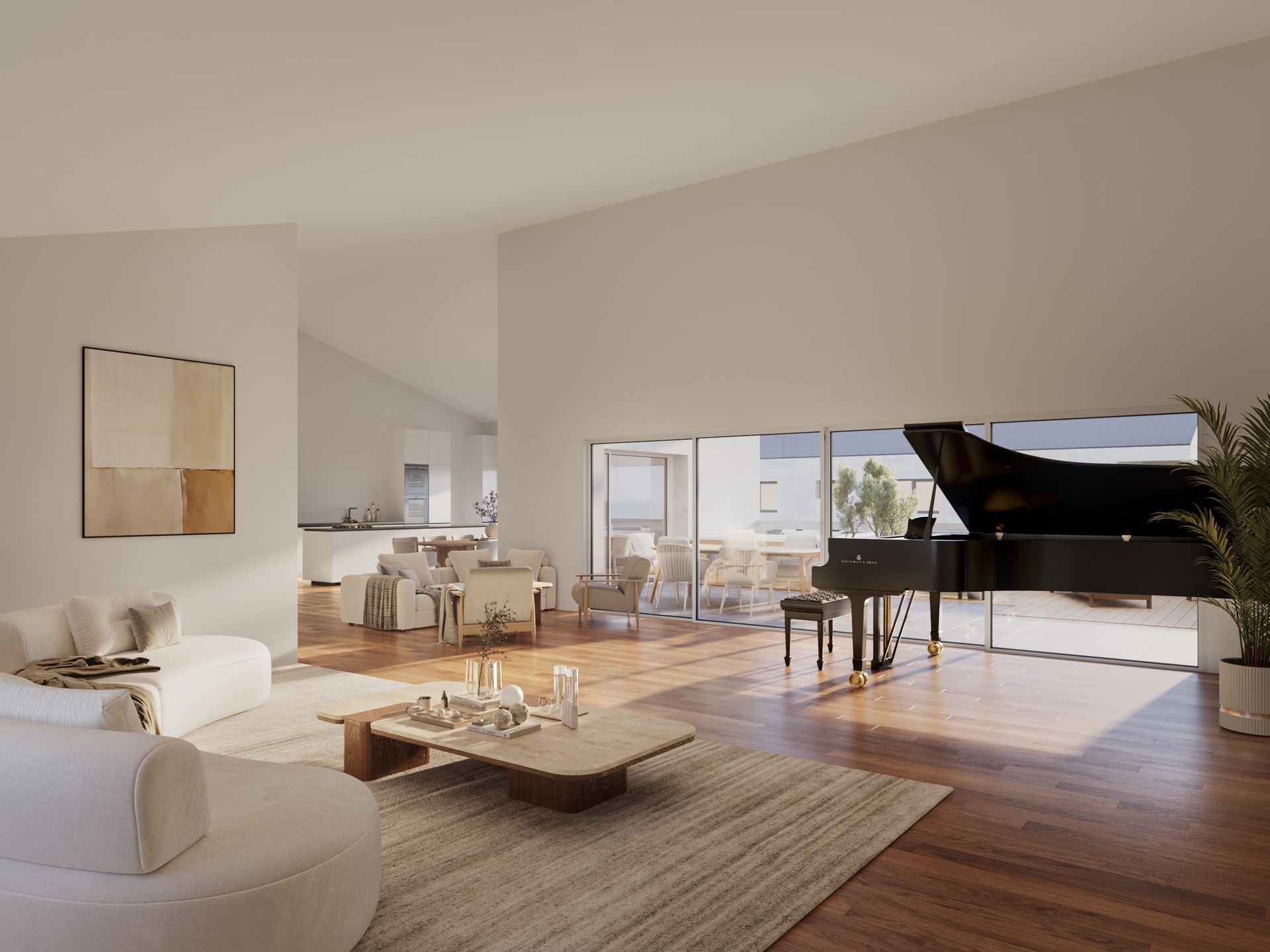 Vaste salon avec piano, canapé, tapis et vue sur l'extérieur. La lumière naturelle y est abondante.