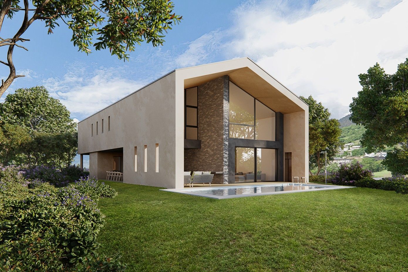 Maison moderne avec de grandes fenêtres, des éléments en pierre et un toit en pente, dans un paysage verdoyant.