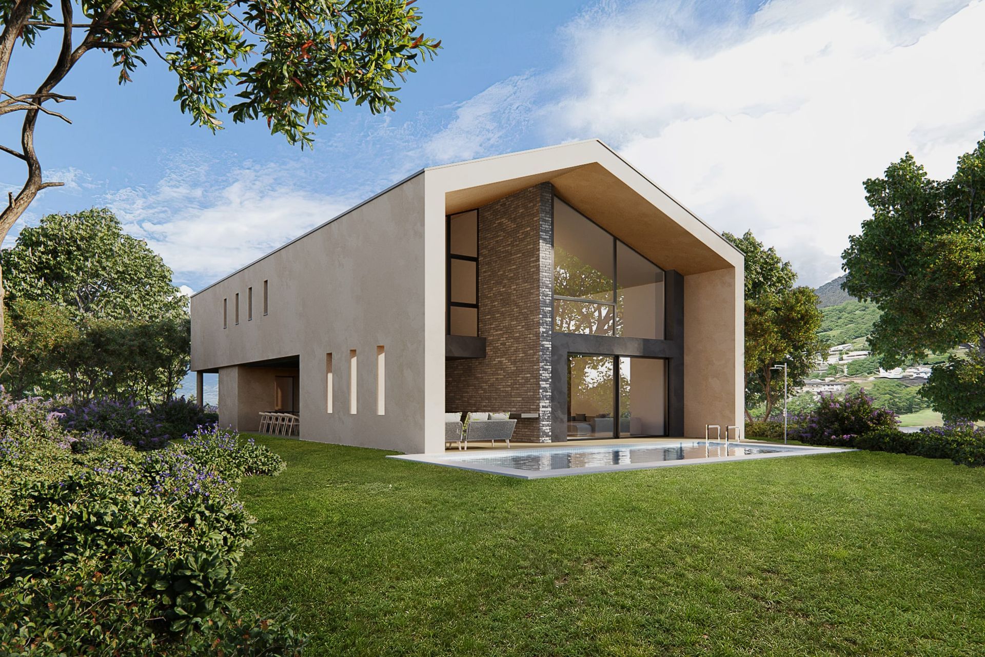 Maison moderne avec de grandes fenêtres, nichée dans un jardin verdoyant, entourée d'arbres et baignée de soleil.