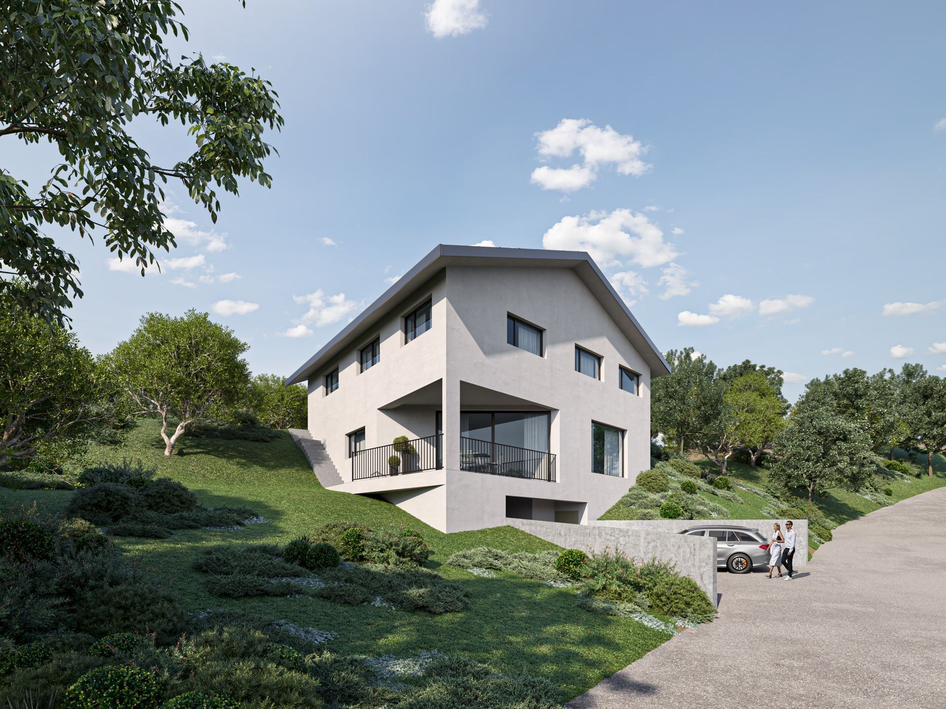 Maison moderne à deux étages à flanc de colline avec voiture et personnes ; arbres et ciel bleu en arrière-plan.