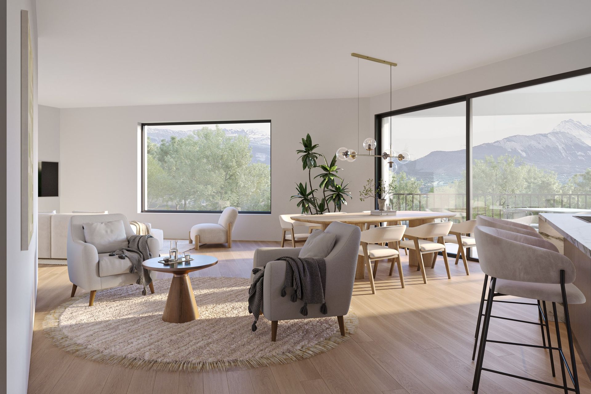 Salon moderne avec coin salon, coin repas et grandes fenêtres offrant une vue sur la montagne.