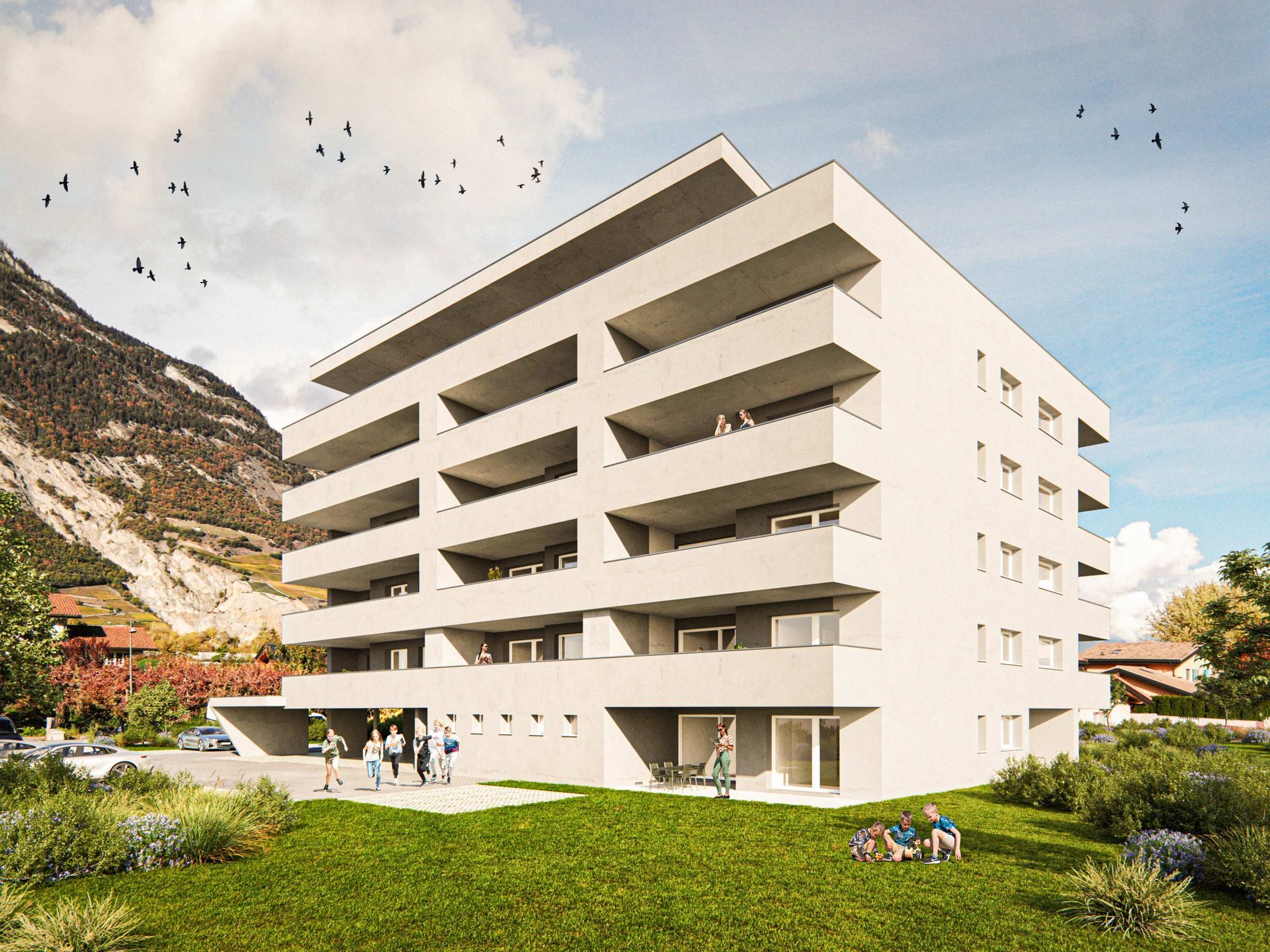Immeuble d'appartements moderne dans un cadre montagneux, où l'on voit des gens se détendre et des oiseaux voler.