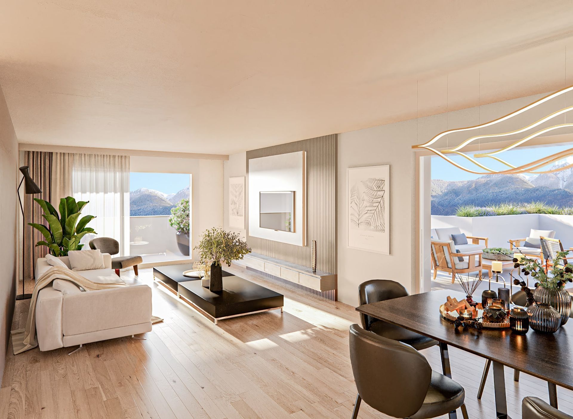 Espace de vie et salle à manger lumineux avec vue sur la montagne et accès à une terrasse ; murs blancs, parquet clair.