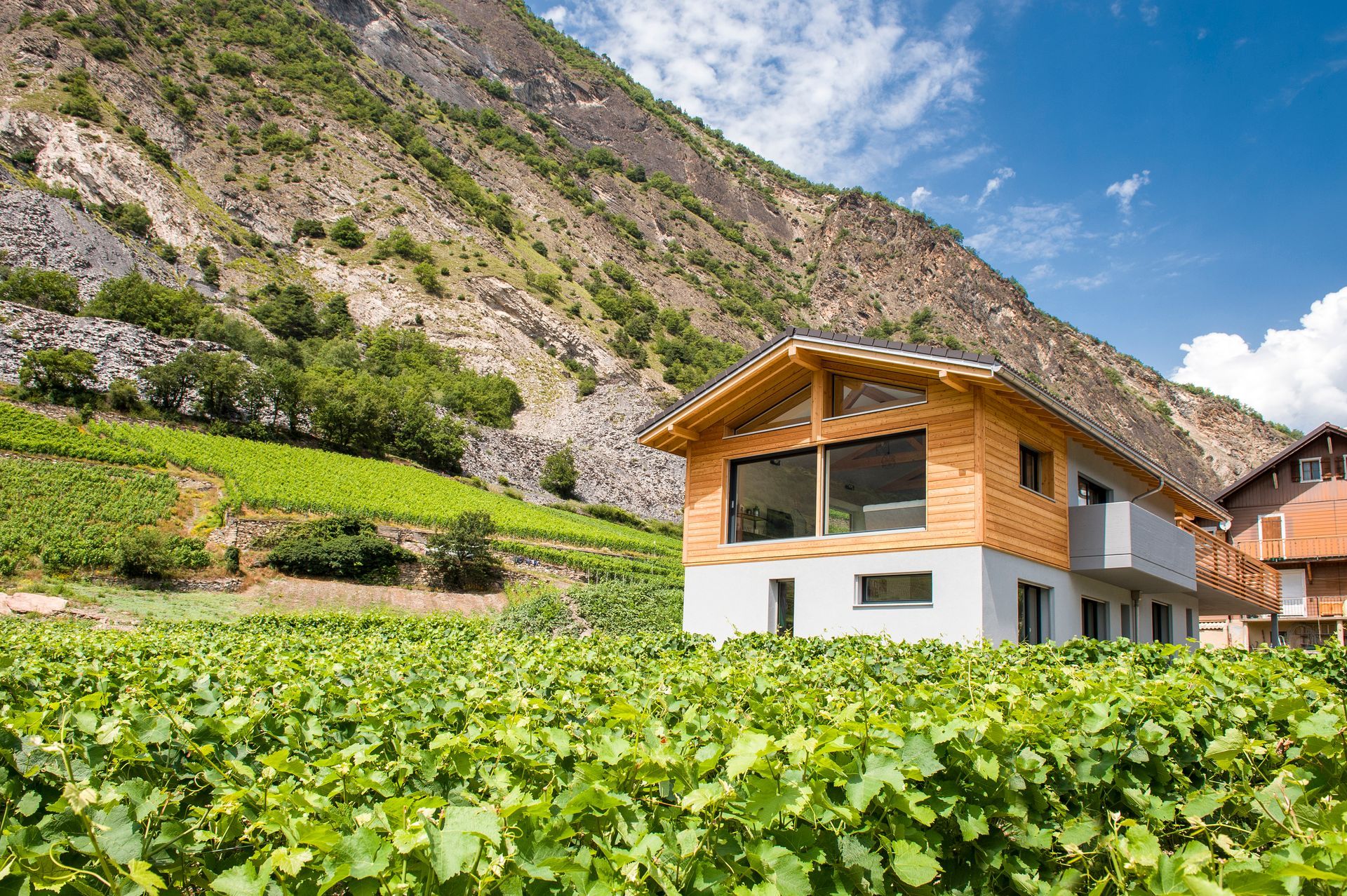 Maison à façade en bois au milieu d'un vignoble, montagnes en arrière-plan, sous un ciel bleu.