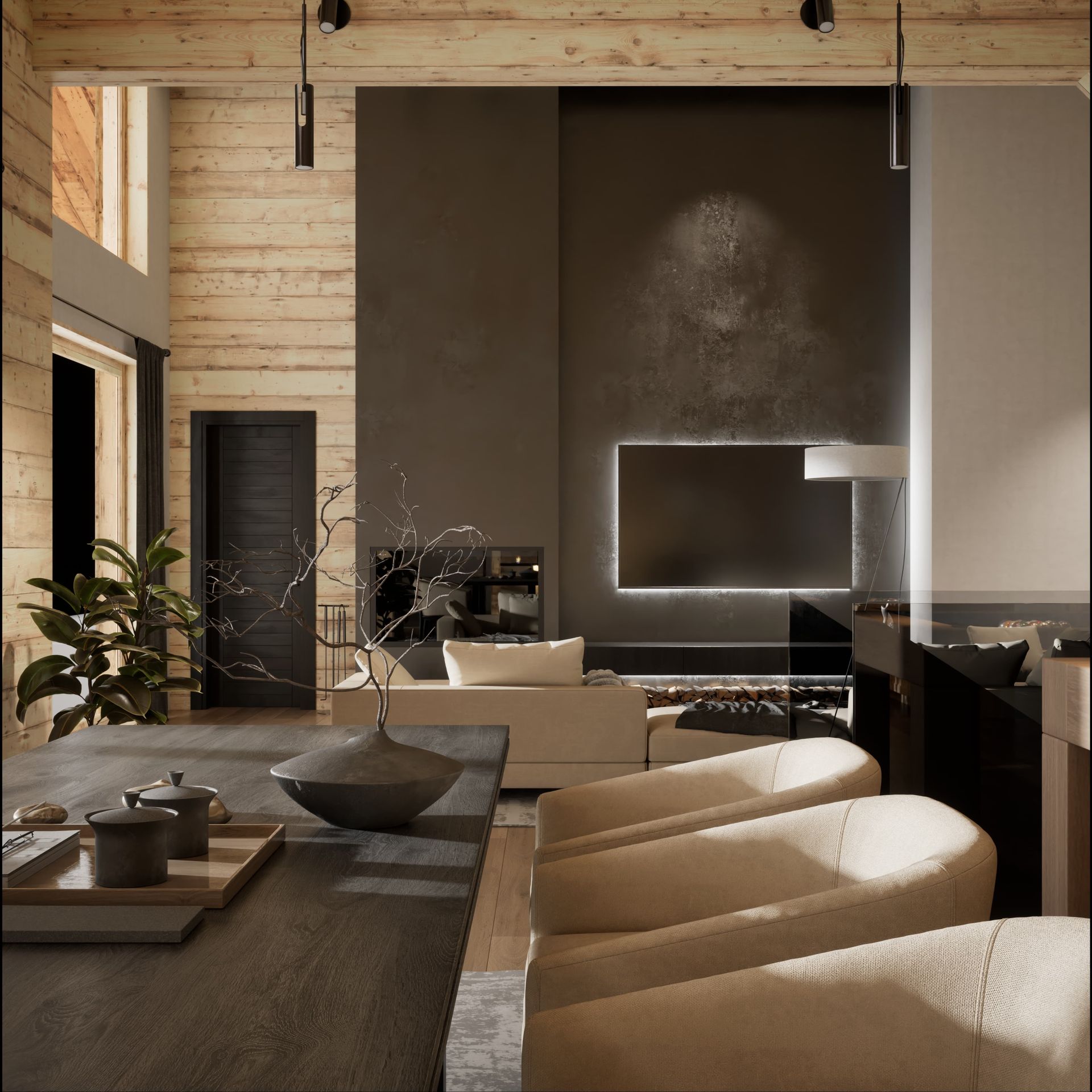 Salon moderne et chaleureux avec cheminée, télévision, fauteuils clairs et lambris.