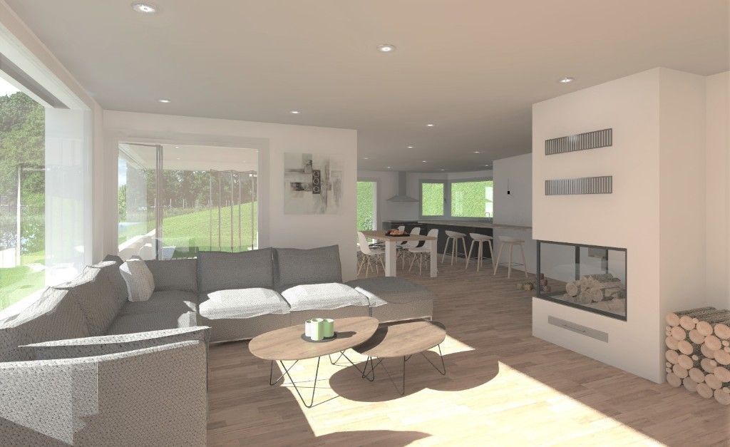 Salon spacieux et moderne avec canapé d'angle gris, table basse, cheminée et vue dégagée sur la salle à manger.