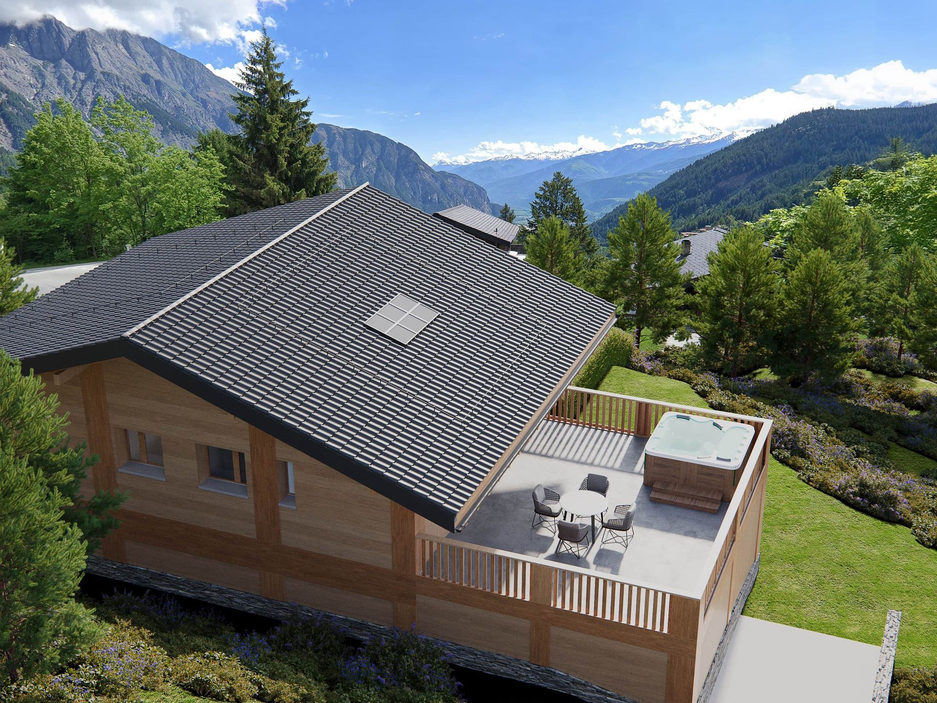 Chalet en bois avec terrasse et jacuzzi, avec les montagnes en toile de fond.
