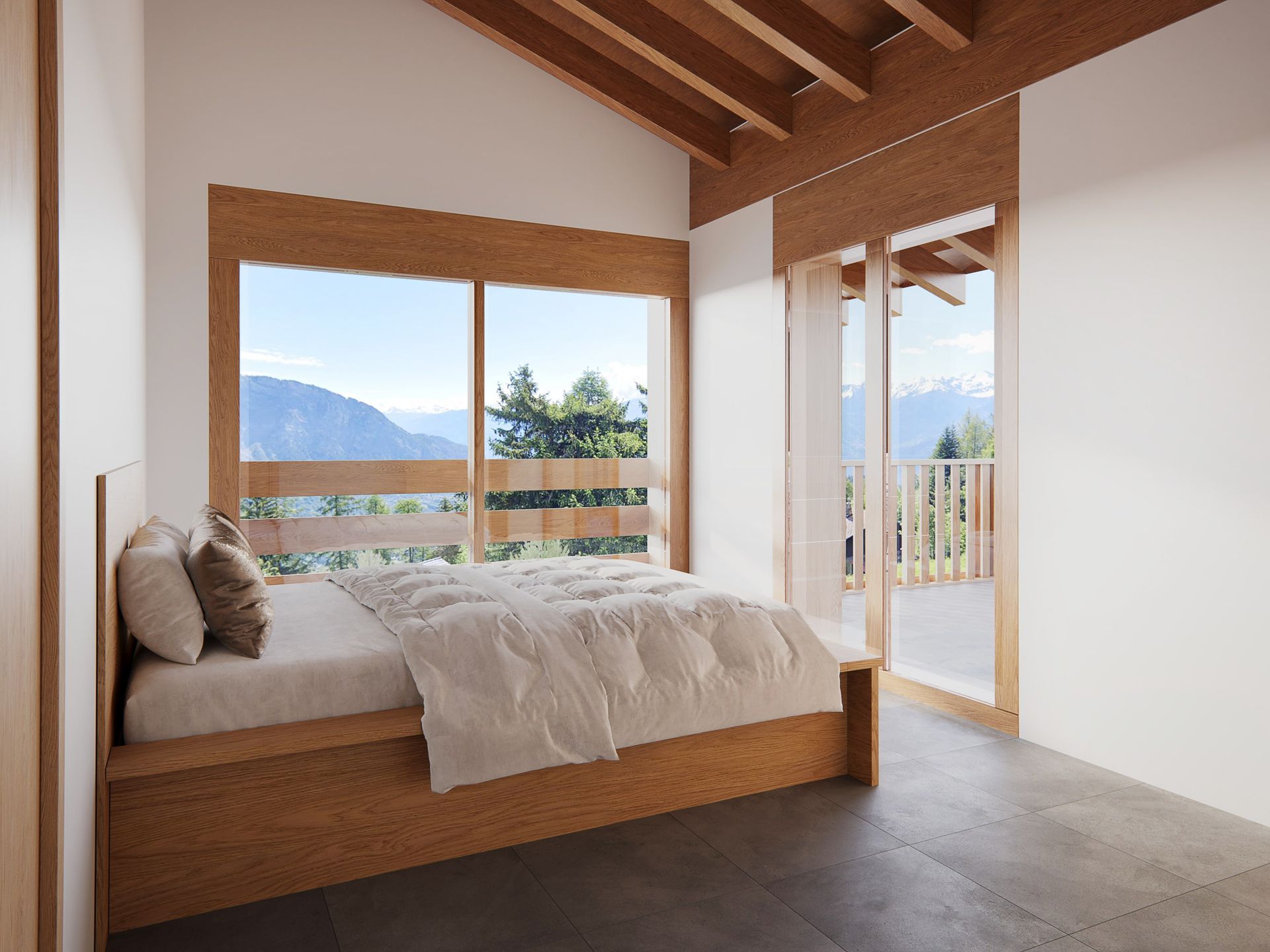 Chambre avec lit à cadre en bois, grandes fenêtres avec vue sur la montagne et accès au balcon.