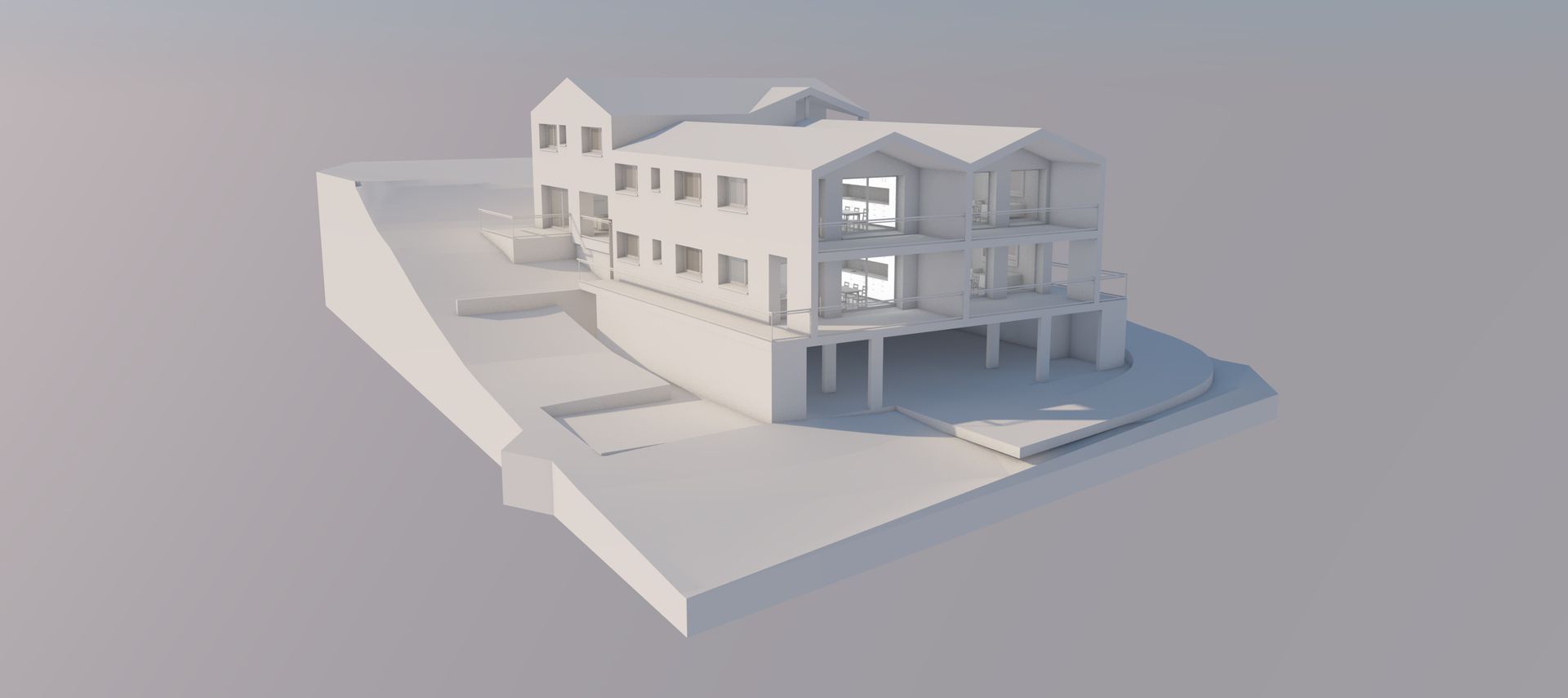 Maquette architecturale d'un bâtiment à plusieurs niveaux, majoritairement blanc, avec une base inclinée et des structures environnantes.