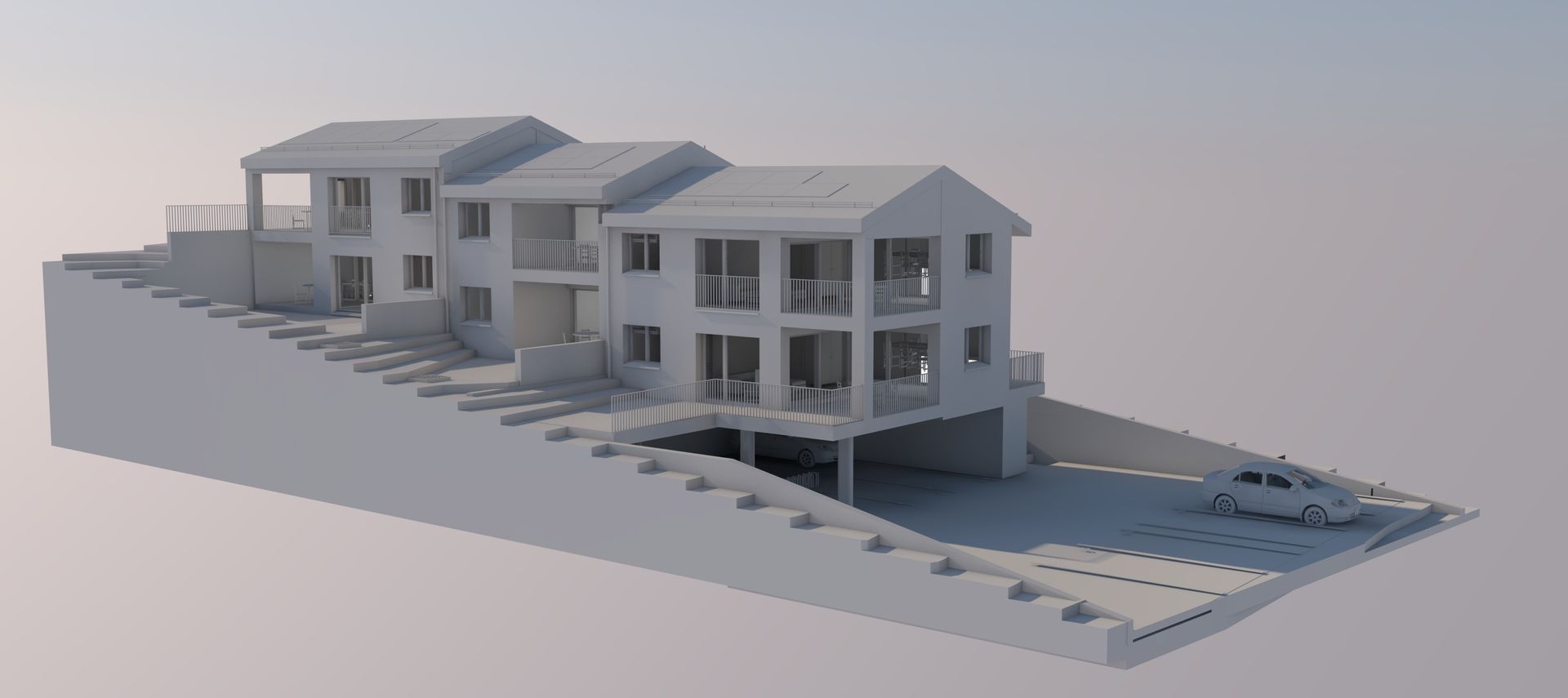 dessin 3D maison blanche à plusieurs niveaux, construite sur un terrain en pente.