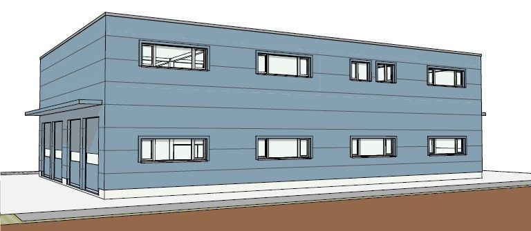 Bâtiment bleu avec de nombreuses fenêtres. Entrée de plain-pied avec un auvent.