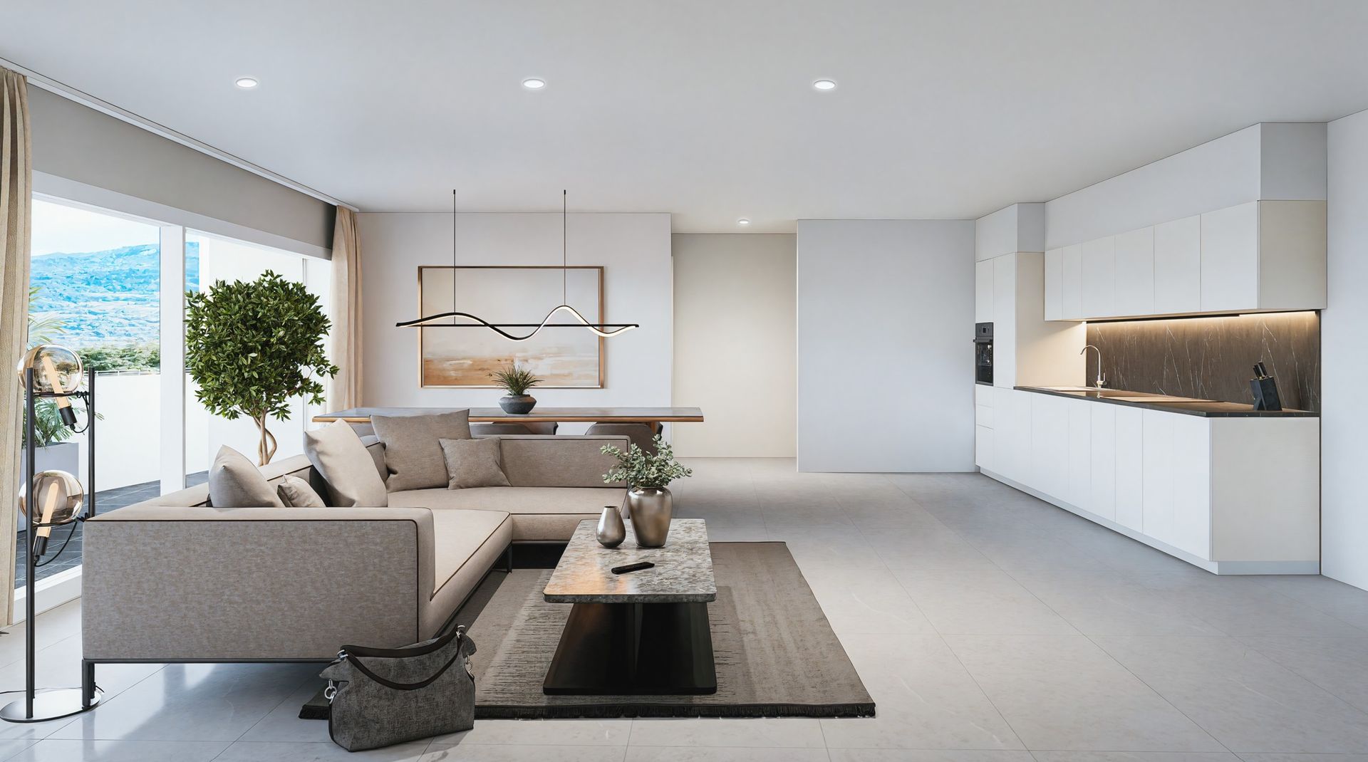 Espace de vie moderne et ouvert comprenant une cuisine, un coin repas et un salon dans des tons blancs et neutres.