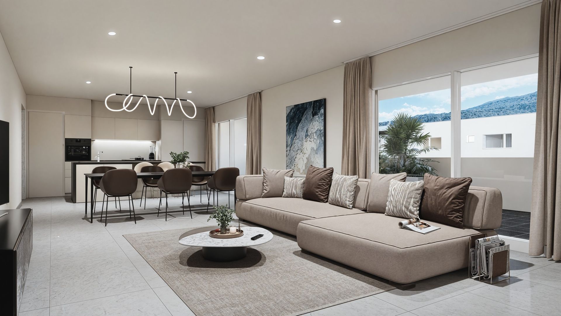 Salon moderne avec cuisine, coin repas, grandes fenêtres, canapé d'angle beige et tapis.