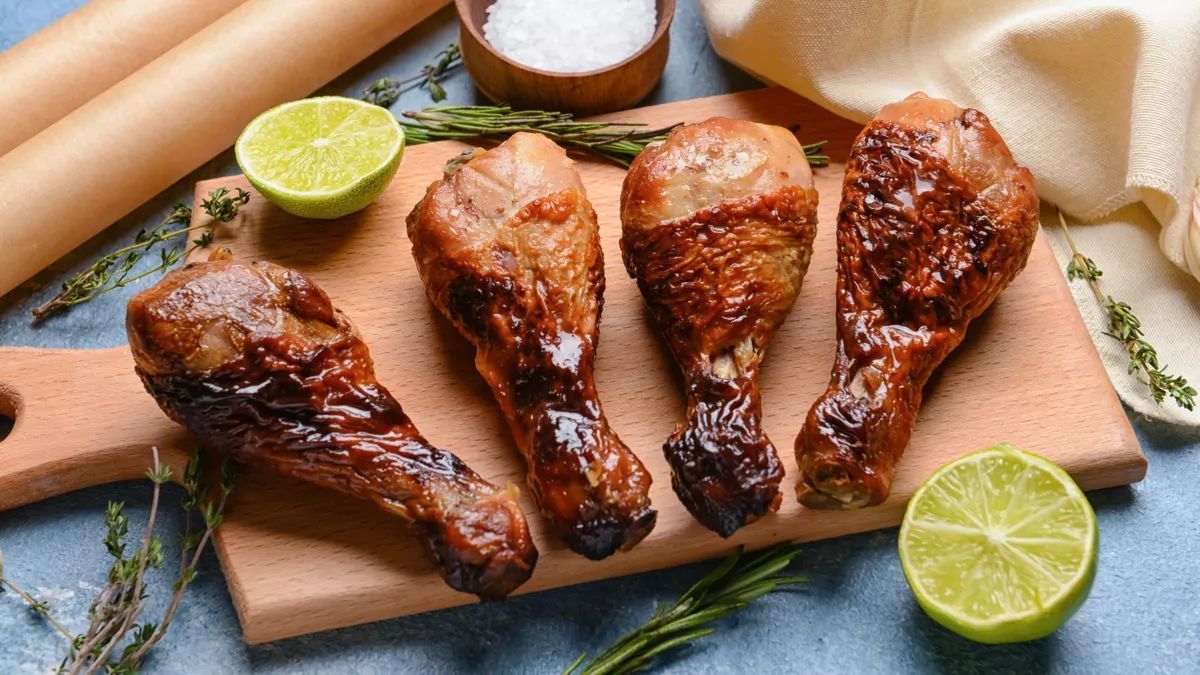 Pilons de poulet rôtis sur une planche de bois, avec citron vert, sel et herbes.