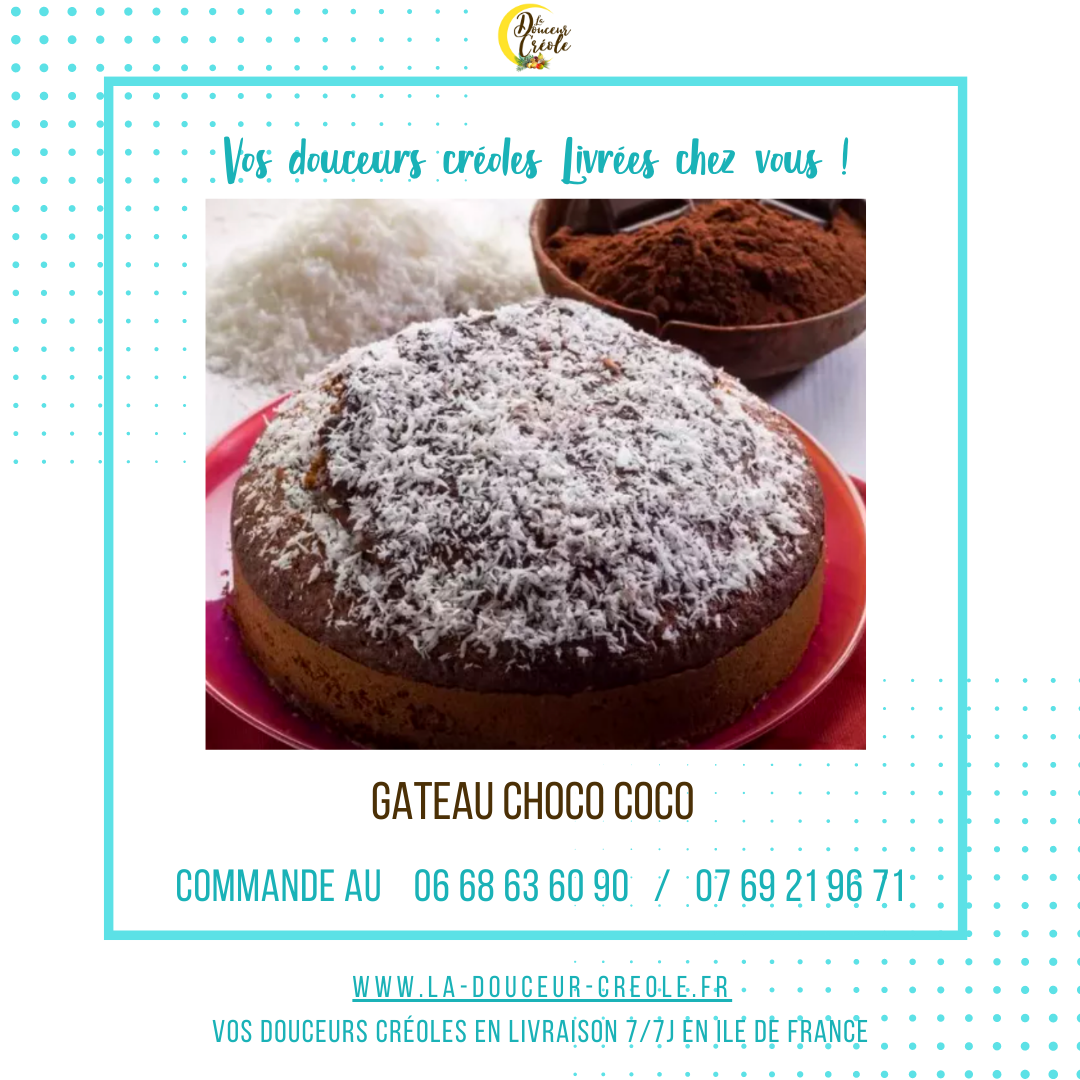 Gâteau chocolat coco avec noix de coco râpée, publicité pour un service de livraison en France.