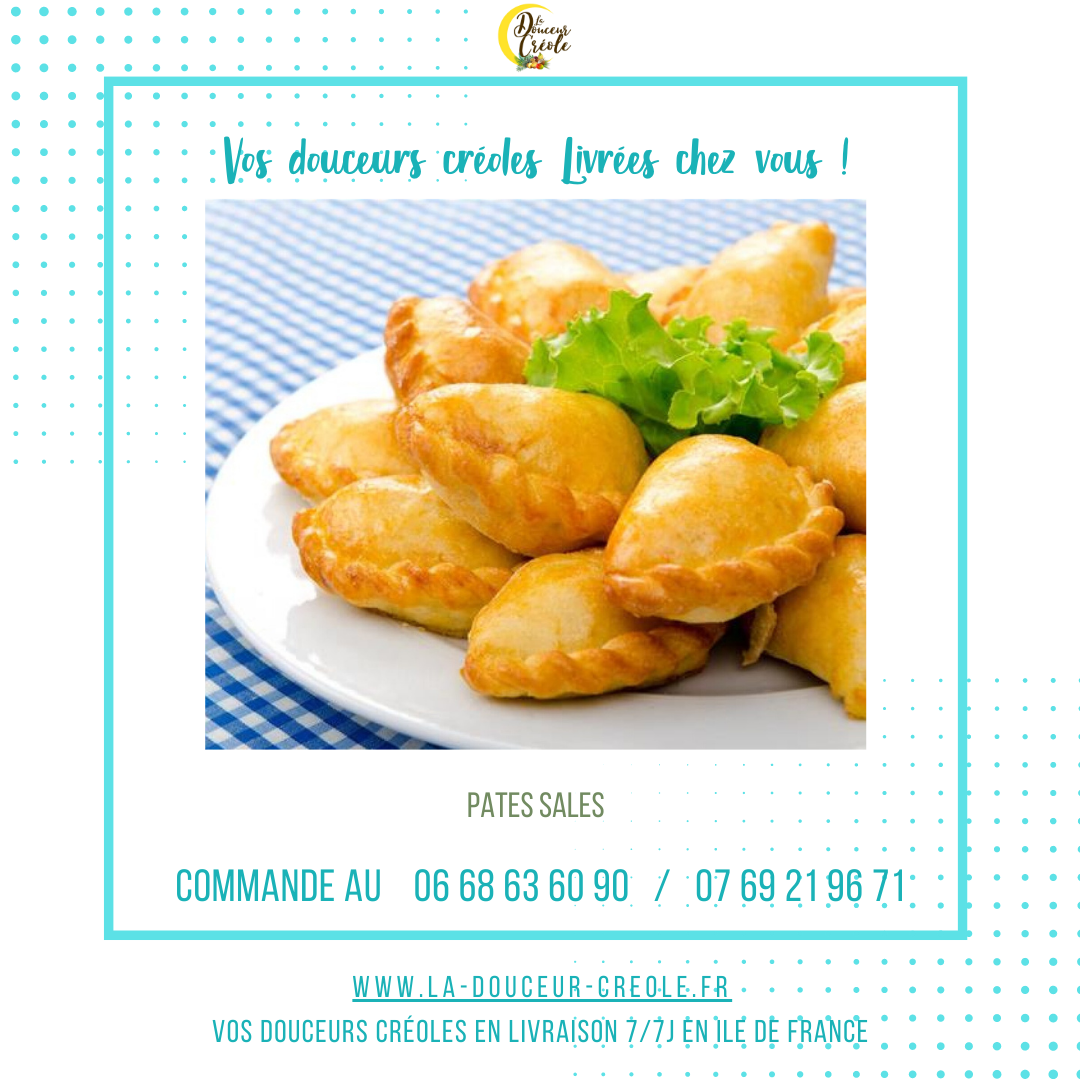 Assiette de pâtisseries dorées avec garniture verte ; le texte fait la promotion de la livraison de douceurs créoles.