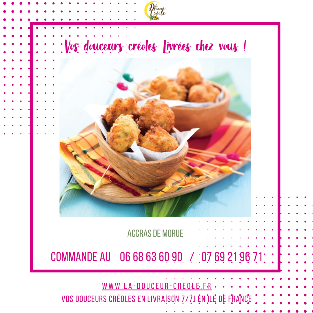 Nourriture créole frite, texte en rose, « Livraisons à domicile », numéros de téléphone et adresse du site Web.