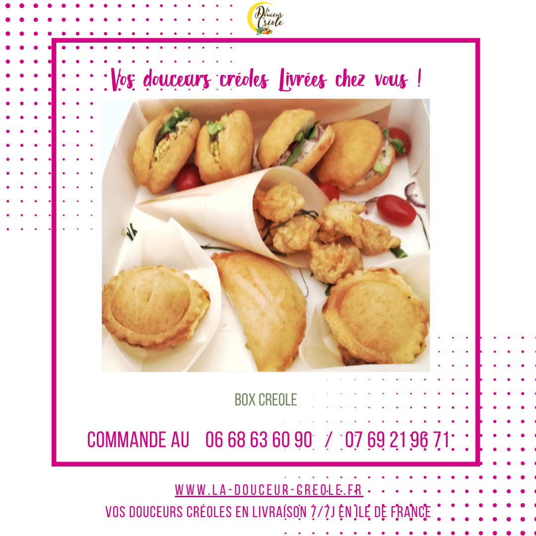 Livraison de pâtisseries créoles et de fritures. Numéros de téléphone et site web indiqués.