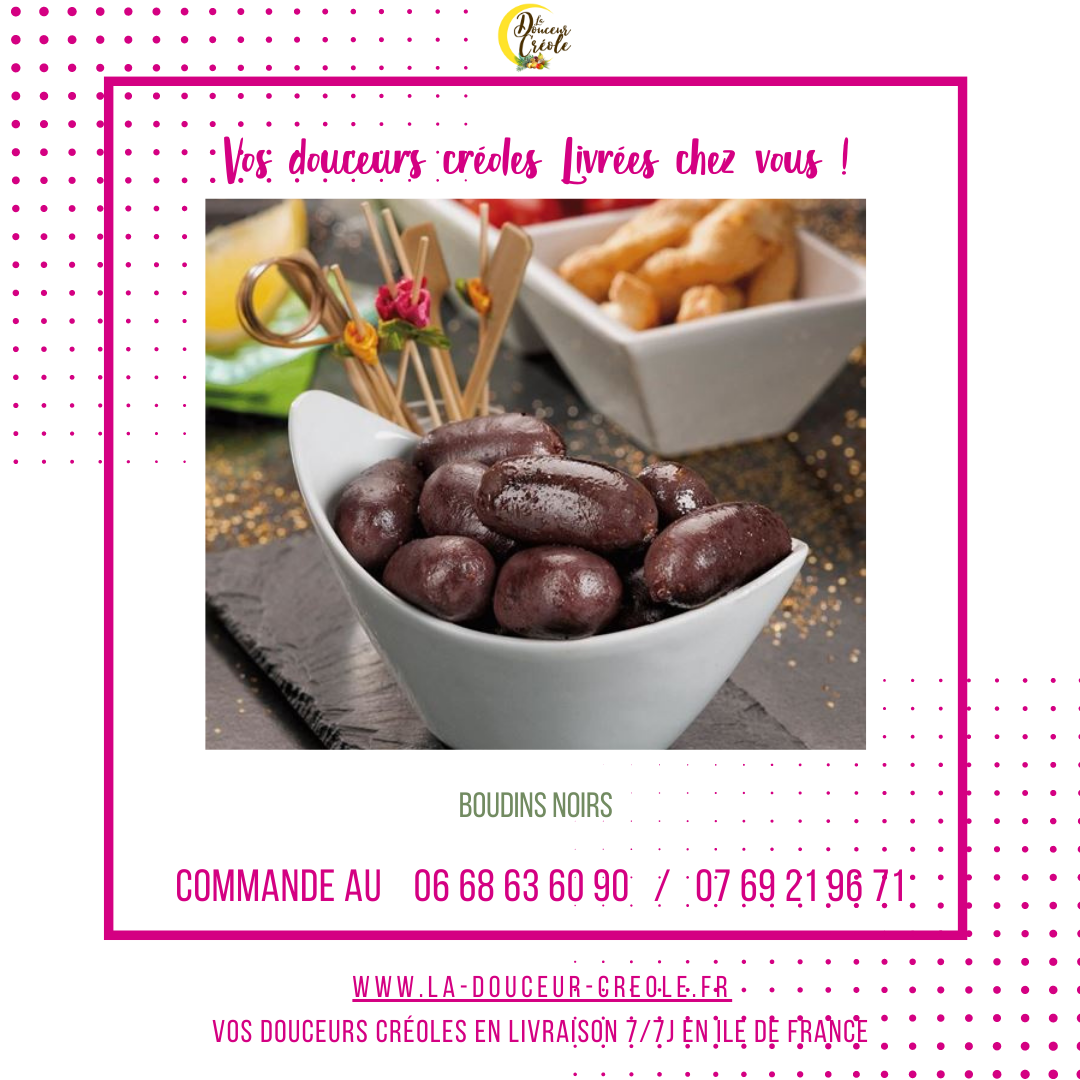 Publicité pour une livraison de douceurs créoles : friandises noires dans un bol blanc, cadre rose et numéros de téléphone.