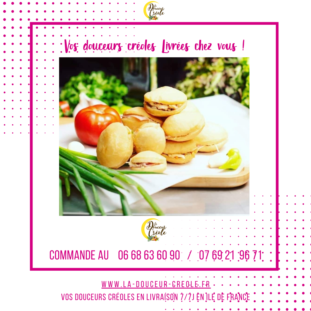 Publicité pour des pâtisseries créoles. Pâtisseries blanches, tomates, oignons verts. Numéros de téléphone et site web en bas de page.