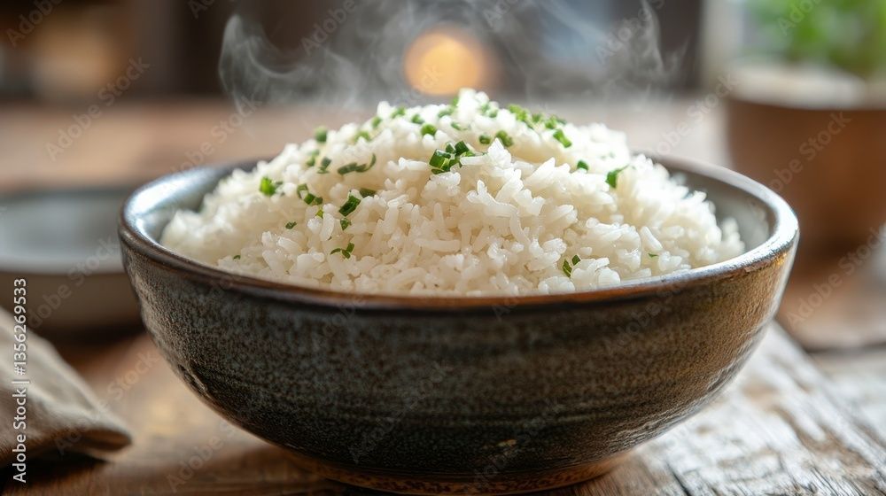 Bol de riz blanc fumant garni d'herbes vertes, sur une table en bois.
