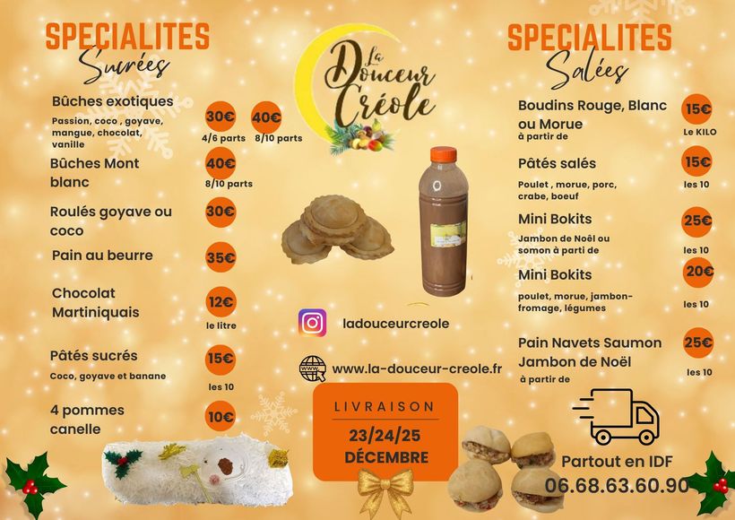Menu de Noël avec spécialités sucrées et salées, fond rouge, canne de Noël, détails de livraison.