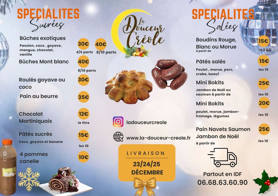 Menu de Noël avec spécialités sucrées et salées, fond rouge, canne de Noël, détails de livraison.