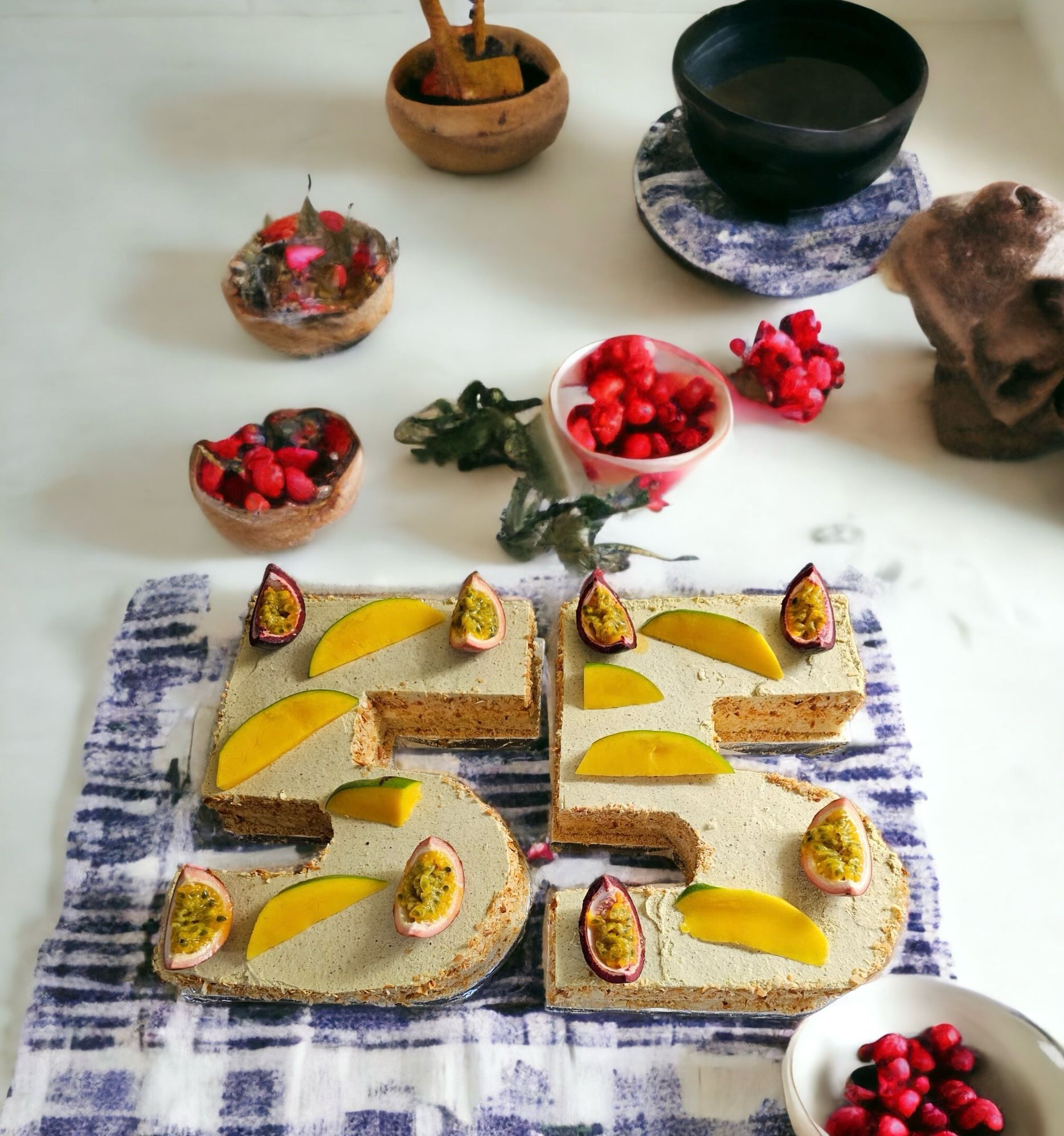 Gâteau en forme de numéro 55, décoré de mangue et de fruit de la passion, sur une nappe à motifs bleus, entouré de fruits et de bols.