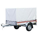 Ein kleiner Anhänger mit einer weißen Plane darauf.