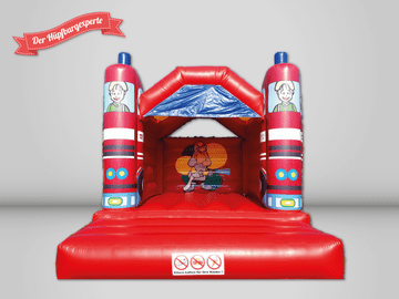 Der Hüpfburgexperte rote Hüpfburg im Feuerwehr Design, mit Dach.